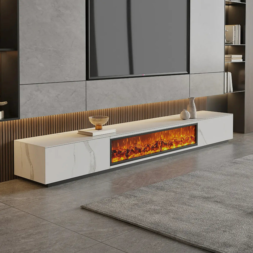 Modern Marble TV Stand Fireplace with Drawers & Lighting
