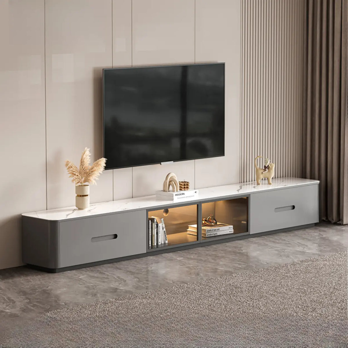 Modern Marble Wood TV Stand with Storage Ambient Lighting