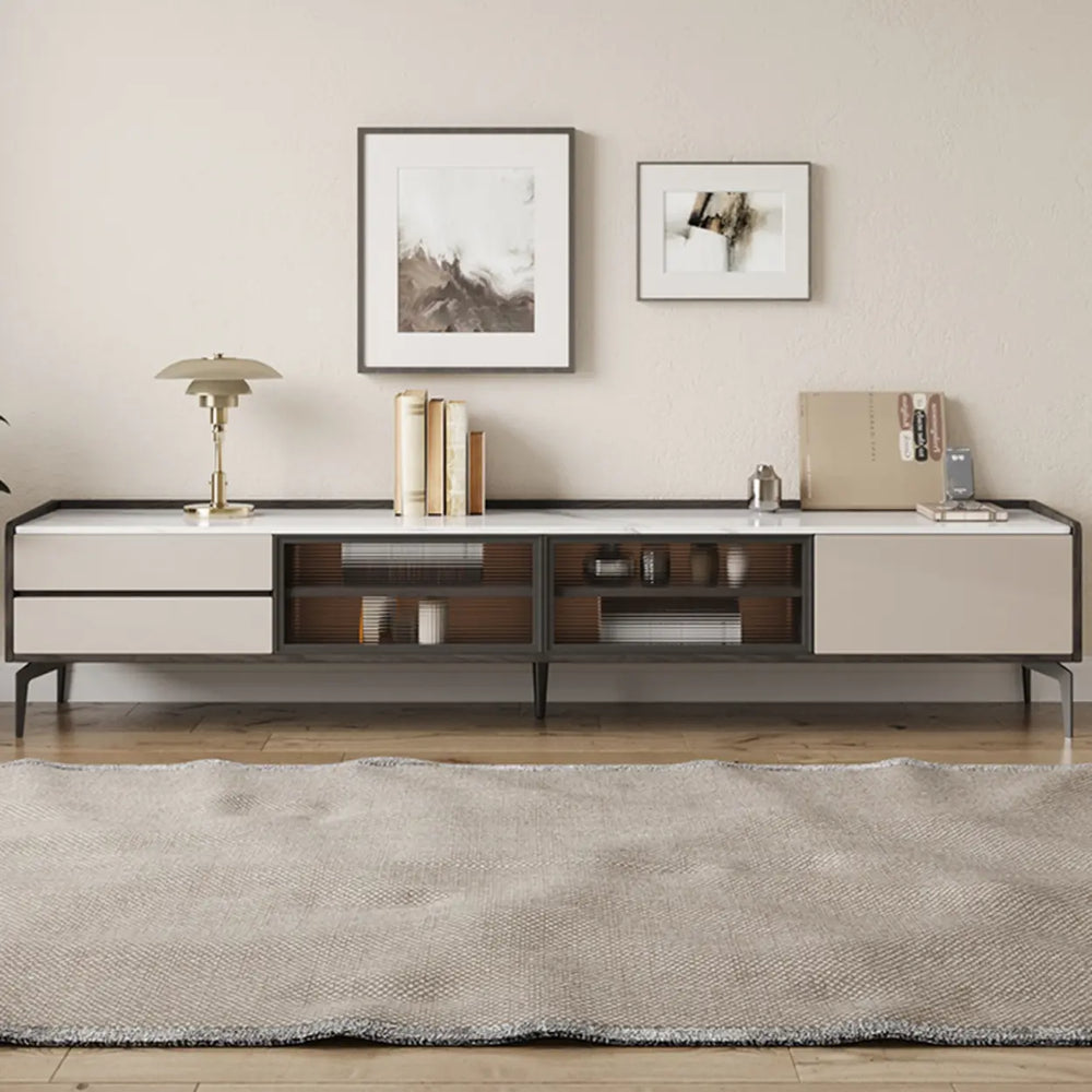 Modern Minimalist TV Stand with Drawers and Marble Top