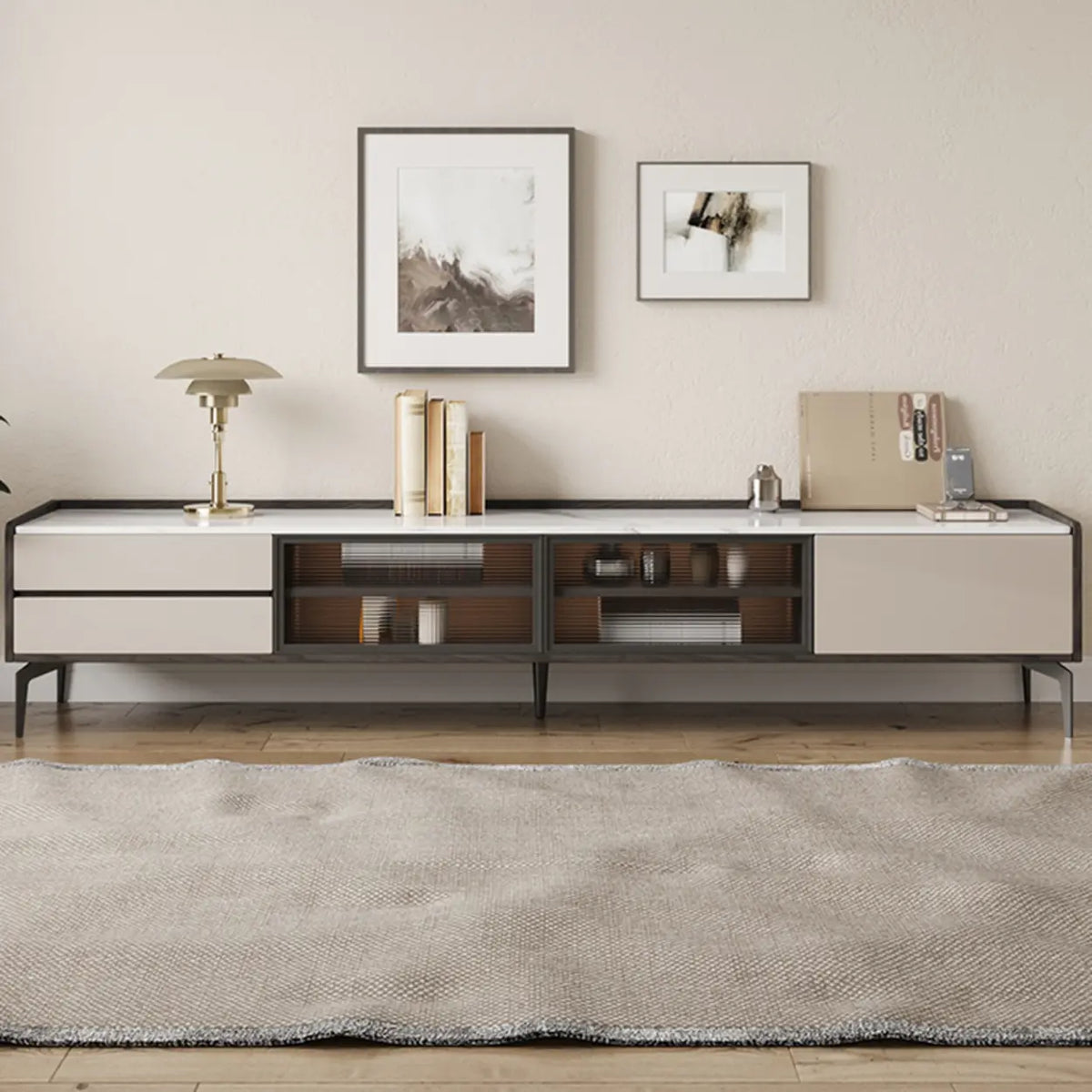 Modern Minimalist TV Stand with Drawers and Marble Top
