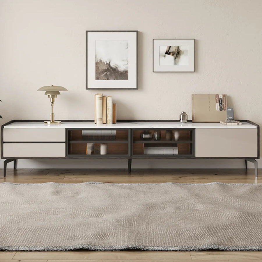 Modern Minimalist TV Stand with Drawers and Marble Top