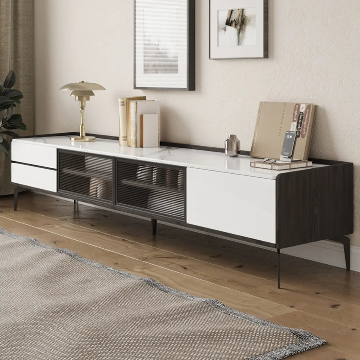 Modern Minimalist TV Stand with Drawers and Marble Top