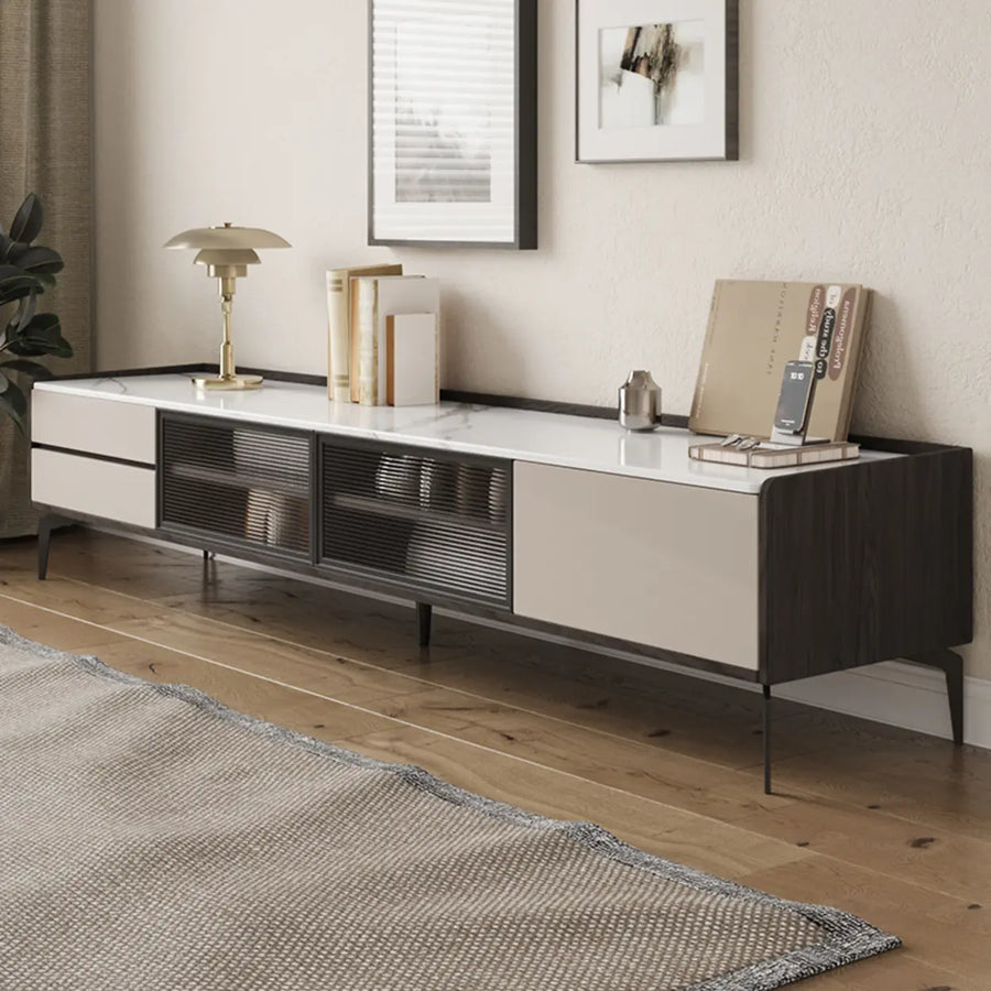 Modern Minimalist TV Stand with Drawers and Marble Top