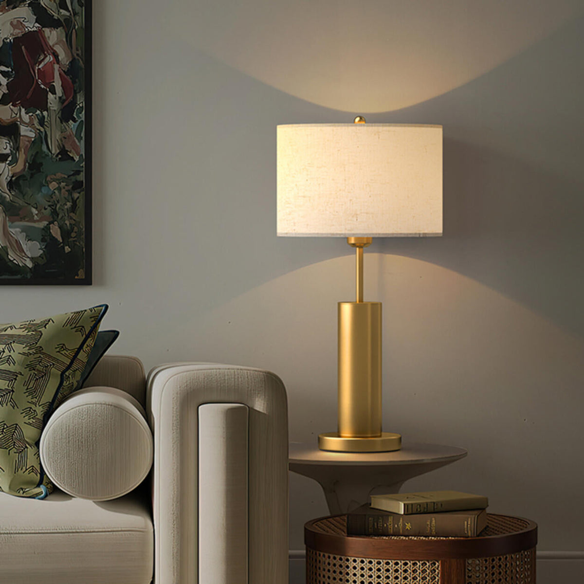 Modern Plug-in Barrel Fabric Shade Metal Table Lamp