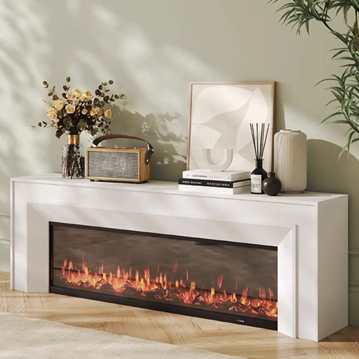 Modern Rectangle White Matte Wood Fireplace TV Stand