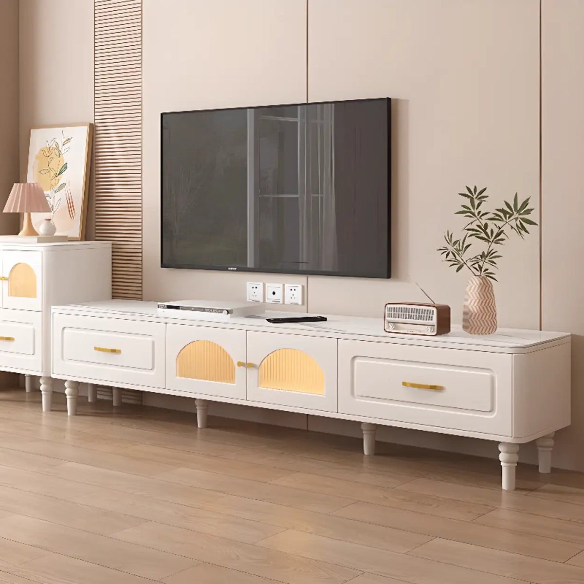 Modern Rectangle White TV Stand with Storage Drawers