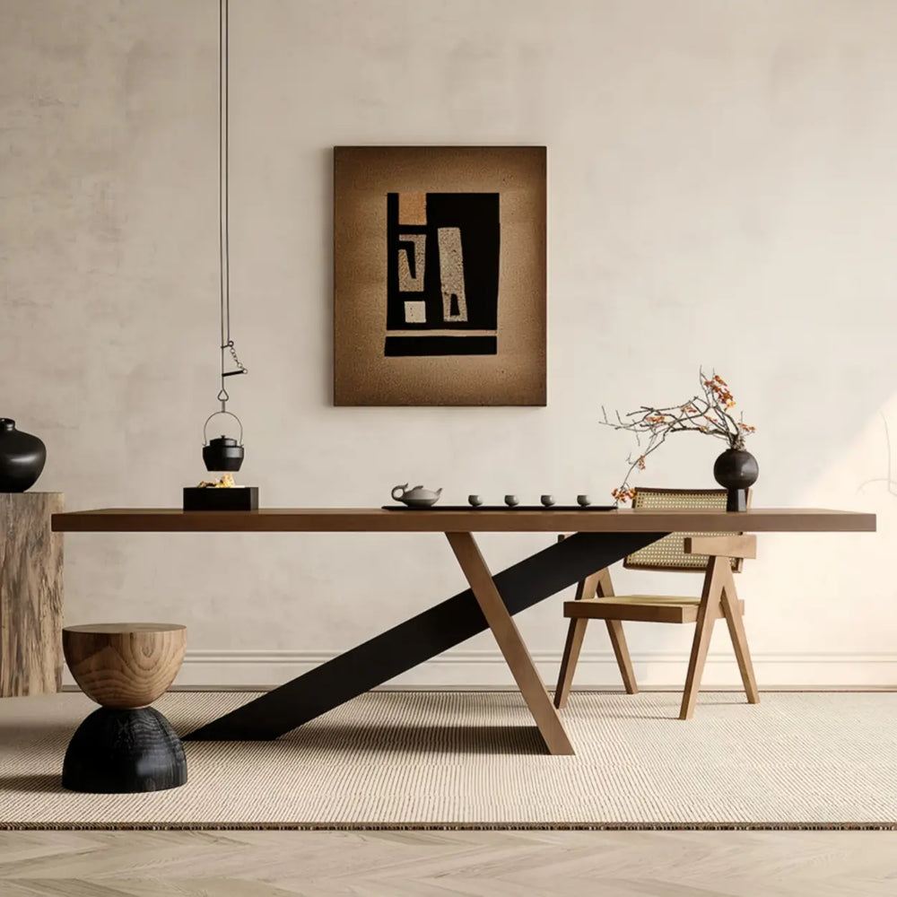 Modern Rectangular Walnut Solid Pine Dining Table with Iron Base