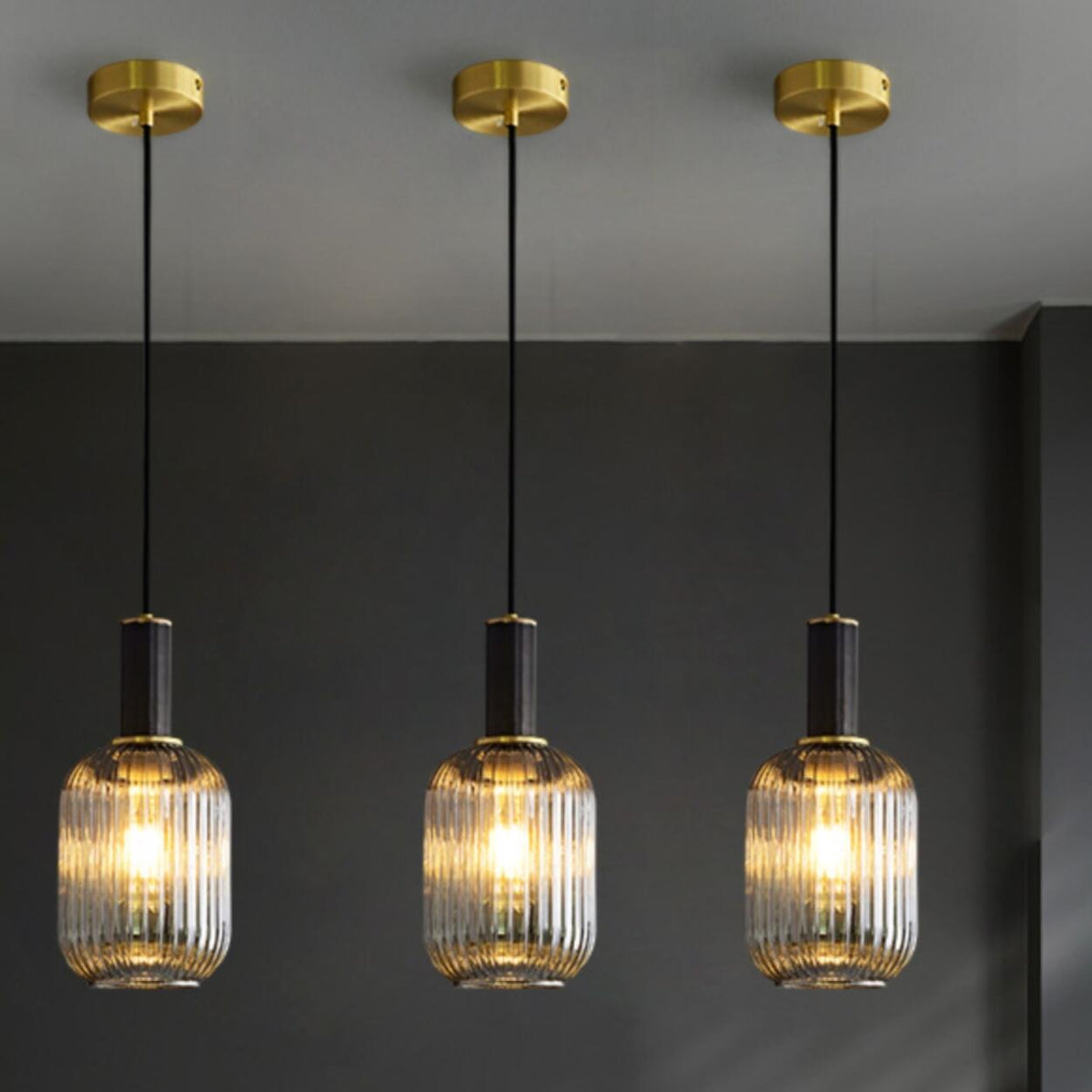 Modern Ribbed Clear Glass Black Cylinder Pendant Light
