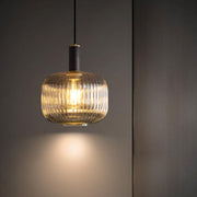 Modern Ribbed Clear Glass Black Cylinder Pendant Light