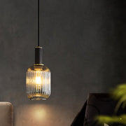 Modern Ribbed Clear Glass Black Cylinder Pendant Light