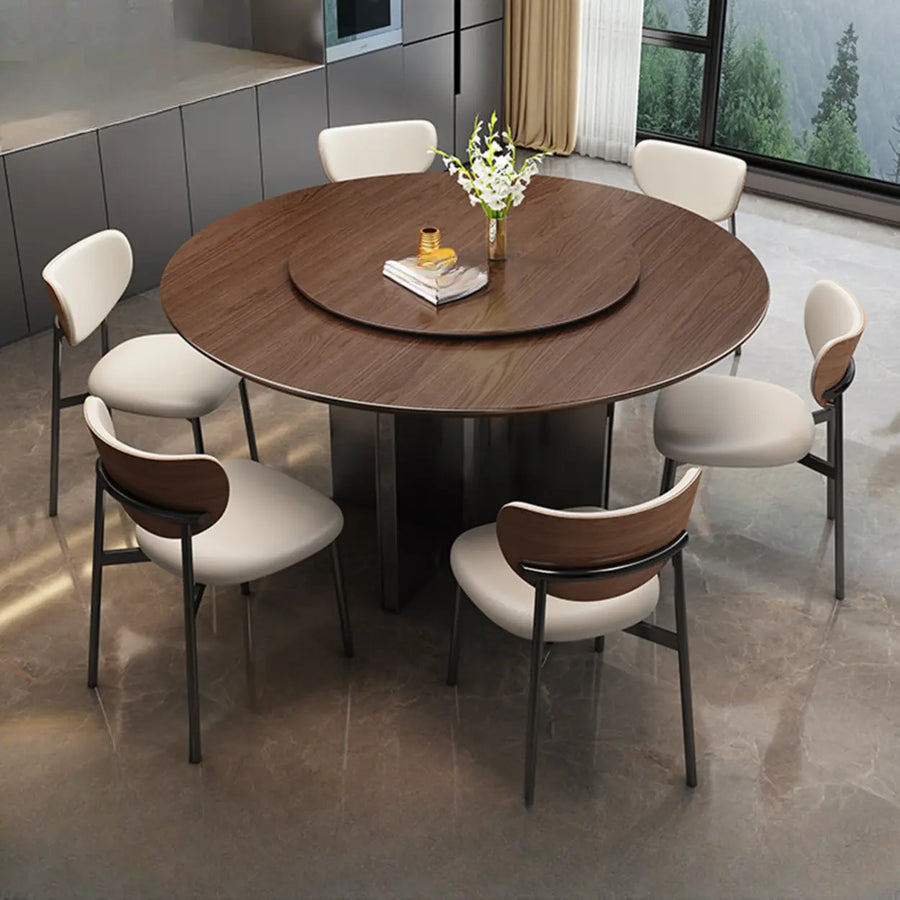 Modern Rotating Lazy Susan Round Brown Wood Dining Table