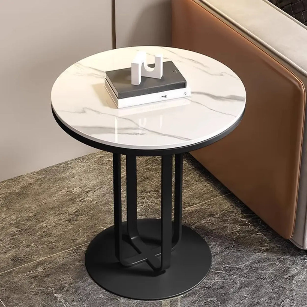 Modern Round Side Table with Sturdy Metal Base and Stone Top