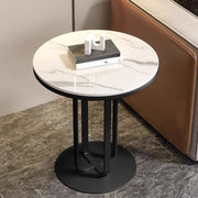Modern Round Side Table with Sturdy Metal Base and Stone Top