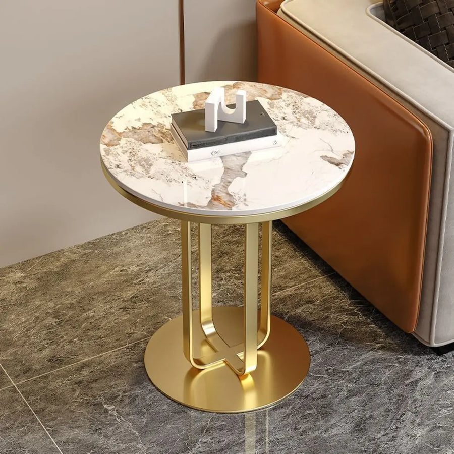 Modern Round Side Table with Sturdy Metal Base and Stone Top