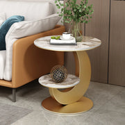 Modern Round Wood Pedestal Side Table with Dual Shelves