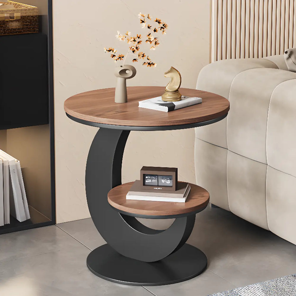 Modern Round Wood Pedestal Side Table with Dual Shelves