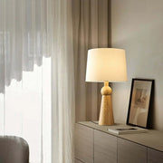 Modern Rusitic Wood Tapered Base Drum Fabric Table Lamp