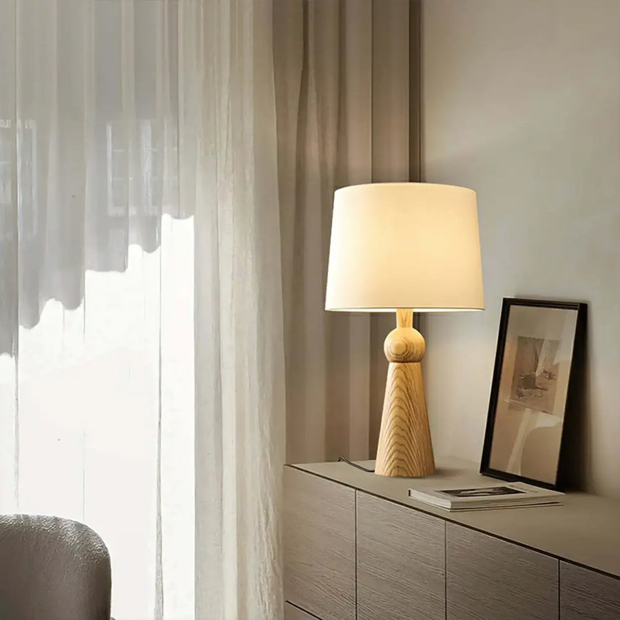 Modern Rusitic Wood Tapered Base Drum Fabric Table Lamp