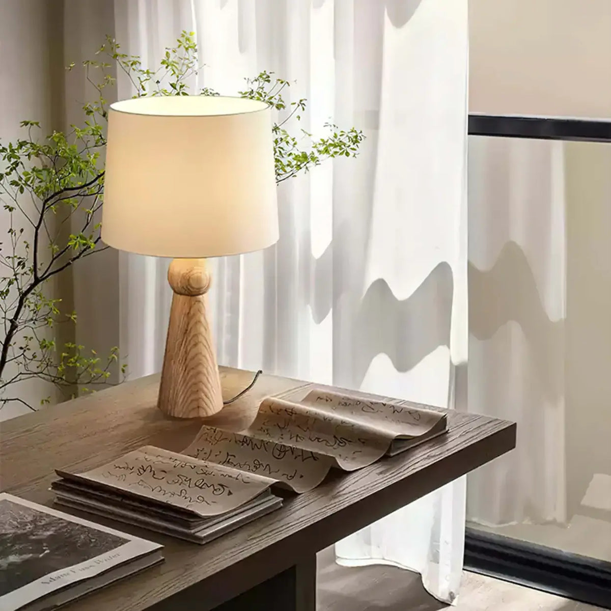Modern Rusitic Wood Tapered Base Drum Fabric Table Lamp