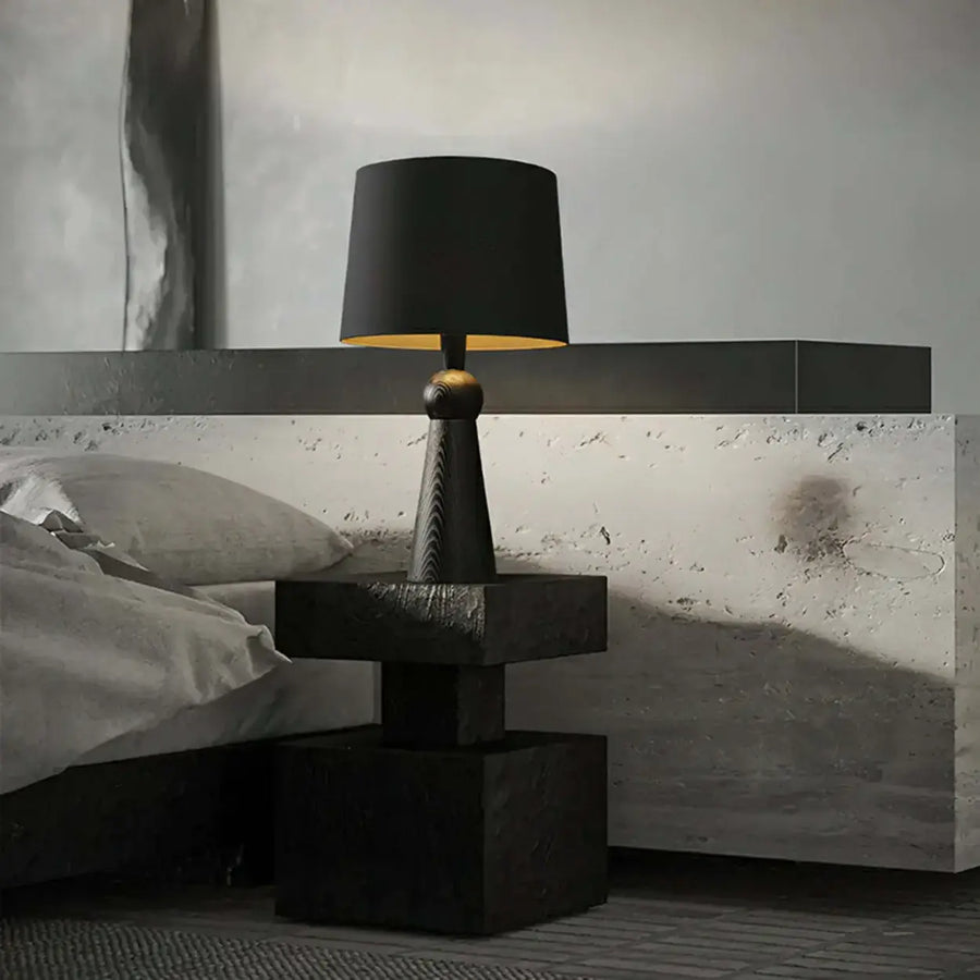 Modern Rusitic Wood Tapered Base Drum Fabric Table Lamp