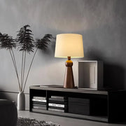 Modern Rusitic Wood Tapered Base Drum Fabric Table Lamp