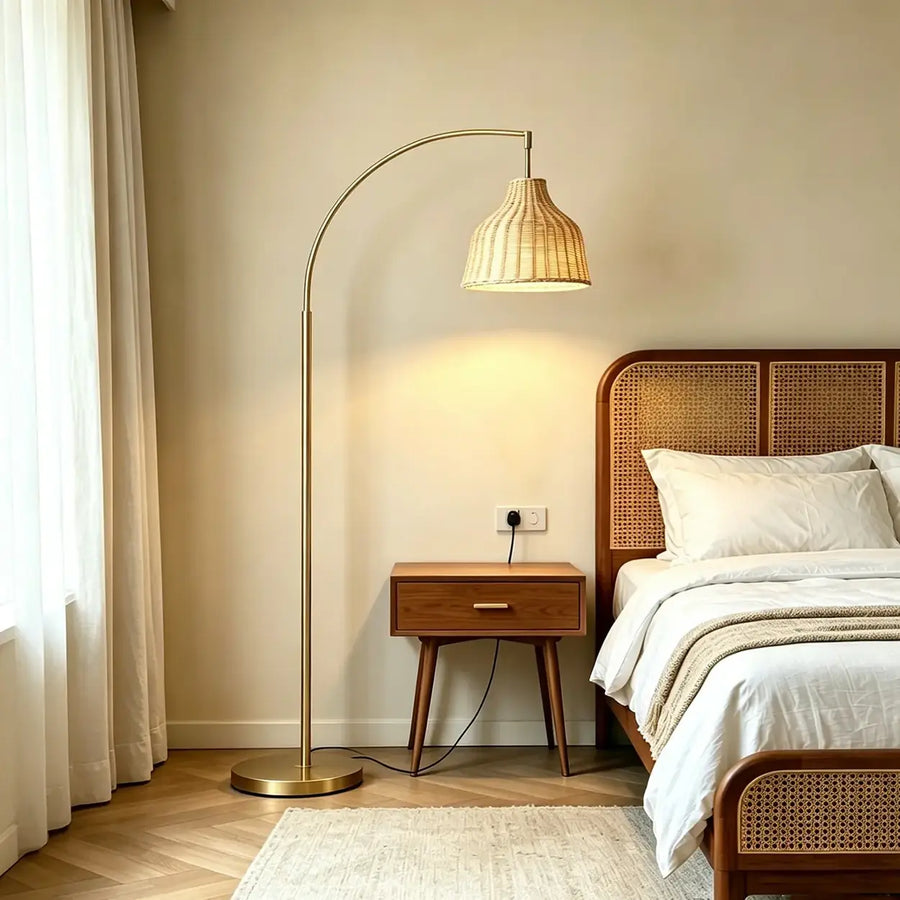 Modern Rustic Gold Woven Rattan Arched Floor Lamp
