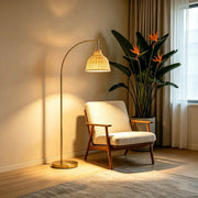 Modern Rustic Gold Woven Rattan Arched Floor Lamp
