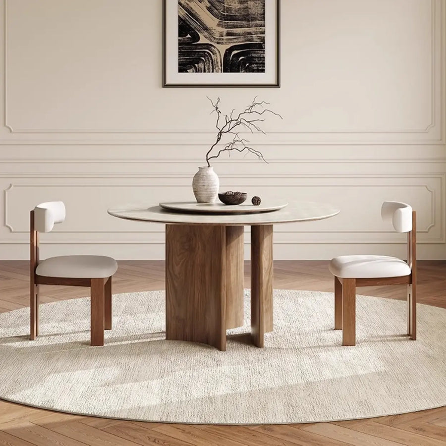 Modern Scandinavian Khaki Stone Round Wood Base Dining Table