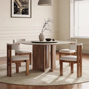 Modern Scandinavian Khaki Stone Round Wood Base Dining Table
