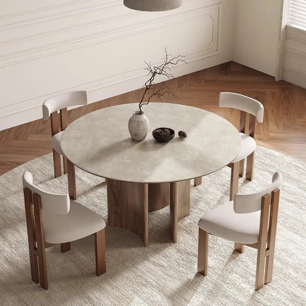 Modern Scandinavian Khaki Stone Round Wood Base Dining Table