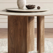 Modern Scandinavian Khaki Stone Round Wood Base Dining Table