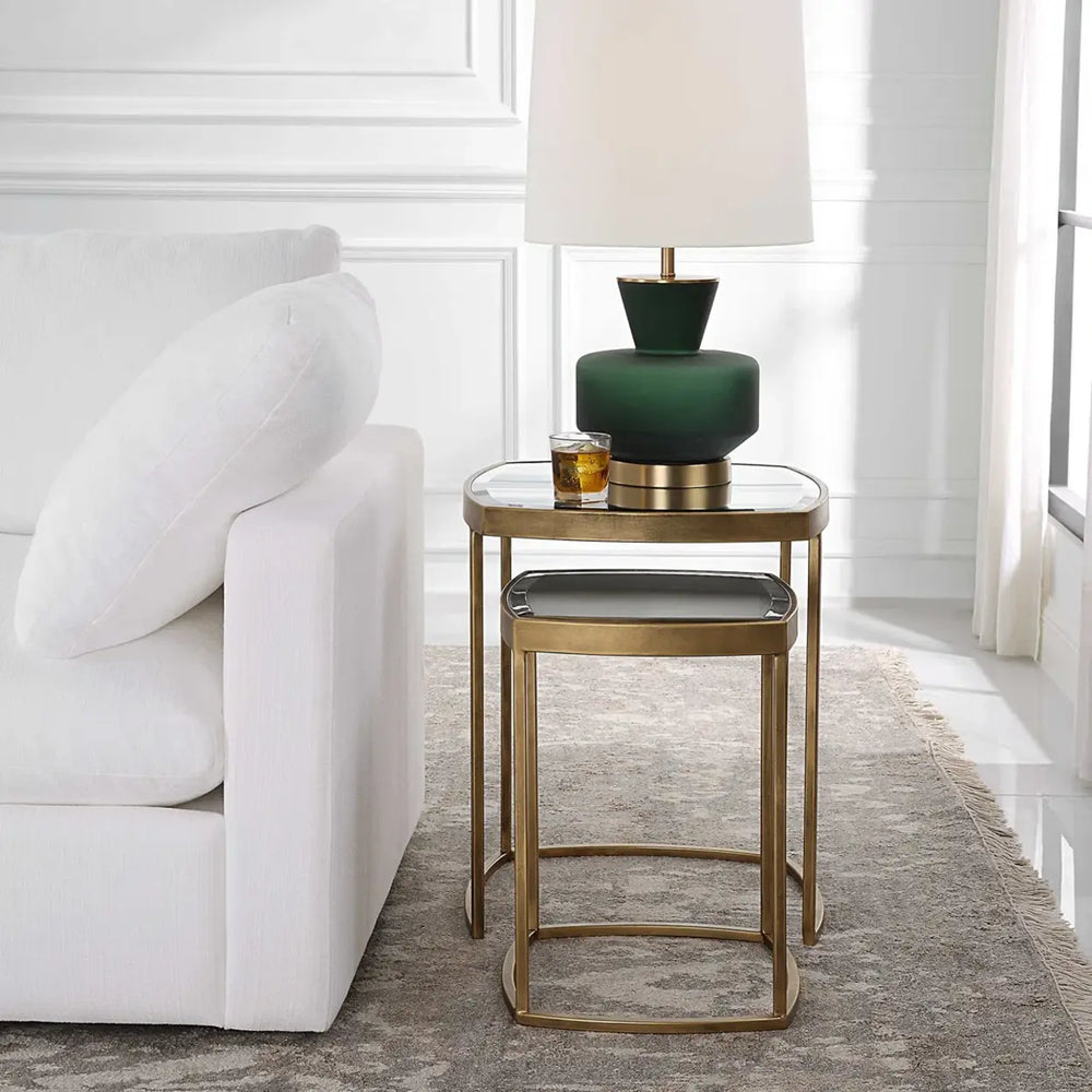 Modern Set of 2 Glass Top Gold Nesting Side Table