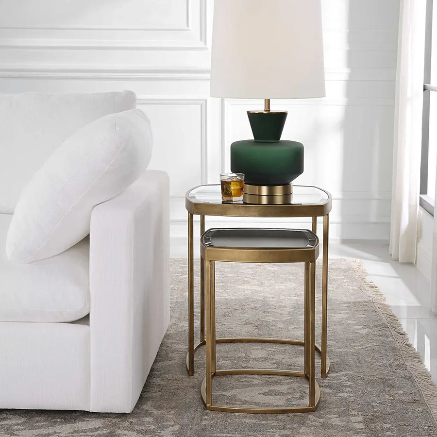 Modern Set of 2 Glass Top Gold Nesting Side Table