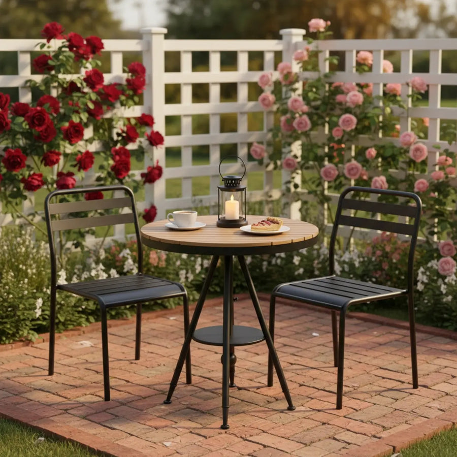 Modern Small Outdoor Round Brown Patio Table with Shelf