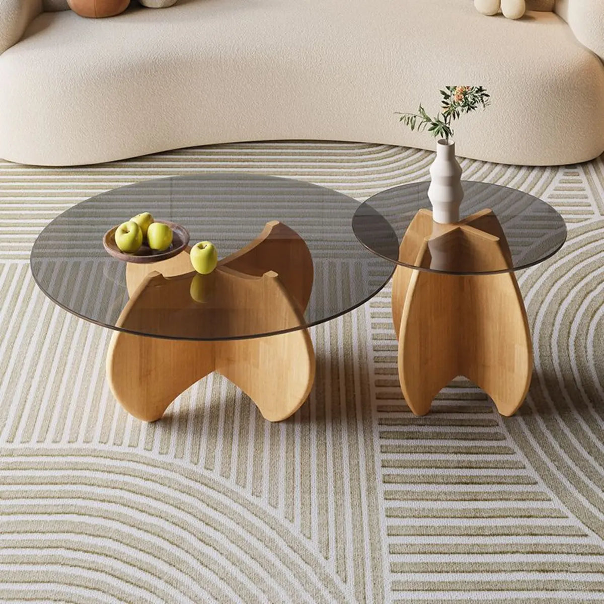Modern Small Round Gray Glass Coffee Table with Wood Base