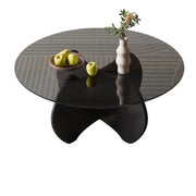 Modern Small Round Gray Glass Coffee Table with Wood Base