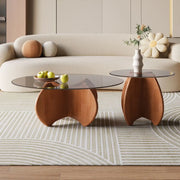 Modern Small Round Gray Glass Coffee Table with Wood Base