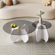 Modern Small Round Gray Glass Coffee Table with Wood Base