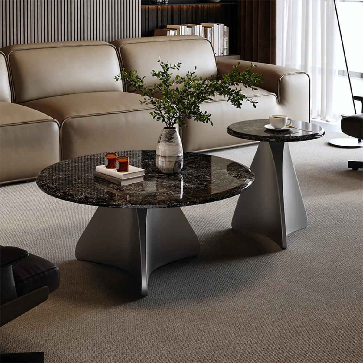 Modern Small Round Polished Stone Stain-Resist Coffee Table