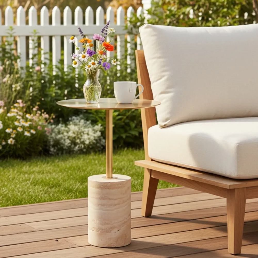 Modern Small Round Travertine Base Outdoor Patio Side Table