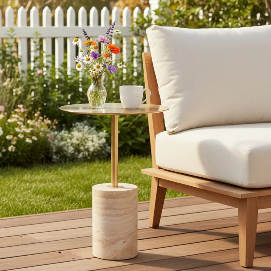 Modern Small Round Travertine Base Outdoor Patio Side Table