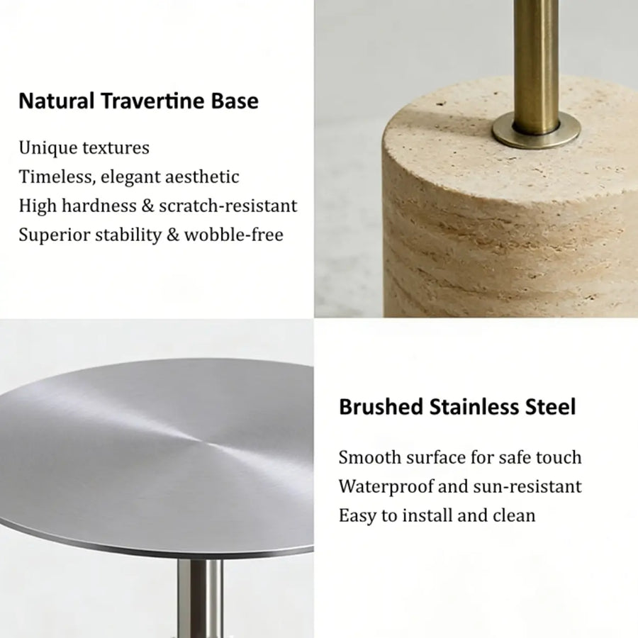 Modern Small Round Travertine Base Outdoor Patio Side Table