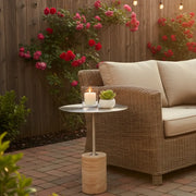 Modern Small Round Travertine Base Outdoor Patio Side Table