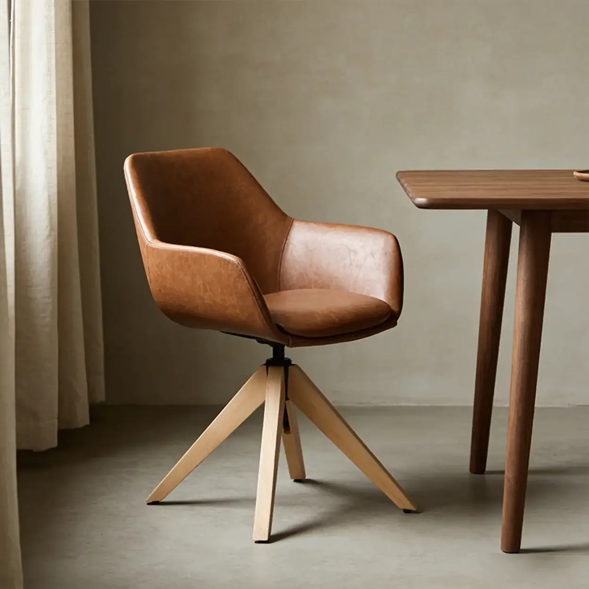 Modern Swivel Brown Faux Leather Arm Dining Chair Set of 2