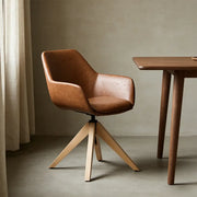 Modern Swivel Brown Faux Leather Arm Dining Chair Set of 2