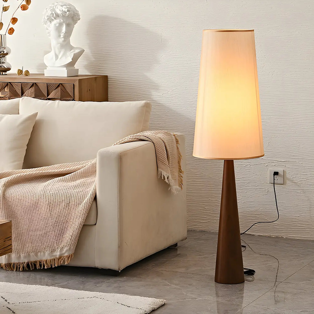 Modern Tapered Wooden Base Floor Lamp with Fabric Shade