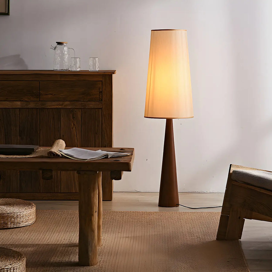 Modern Tapered Wooden Base Floor Lamp with Fabric Shade