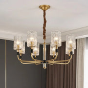 Modern Textured Glass Cylinder Shade Brass Branch Chandelier
