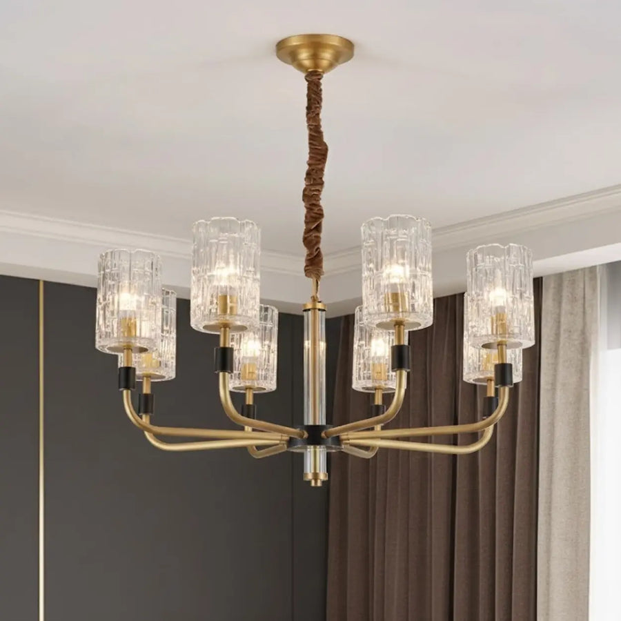 Modern Textured Glass Cylinder Shade Brass Branch Chandelier