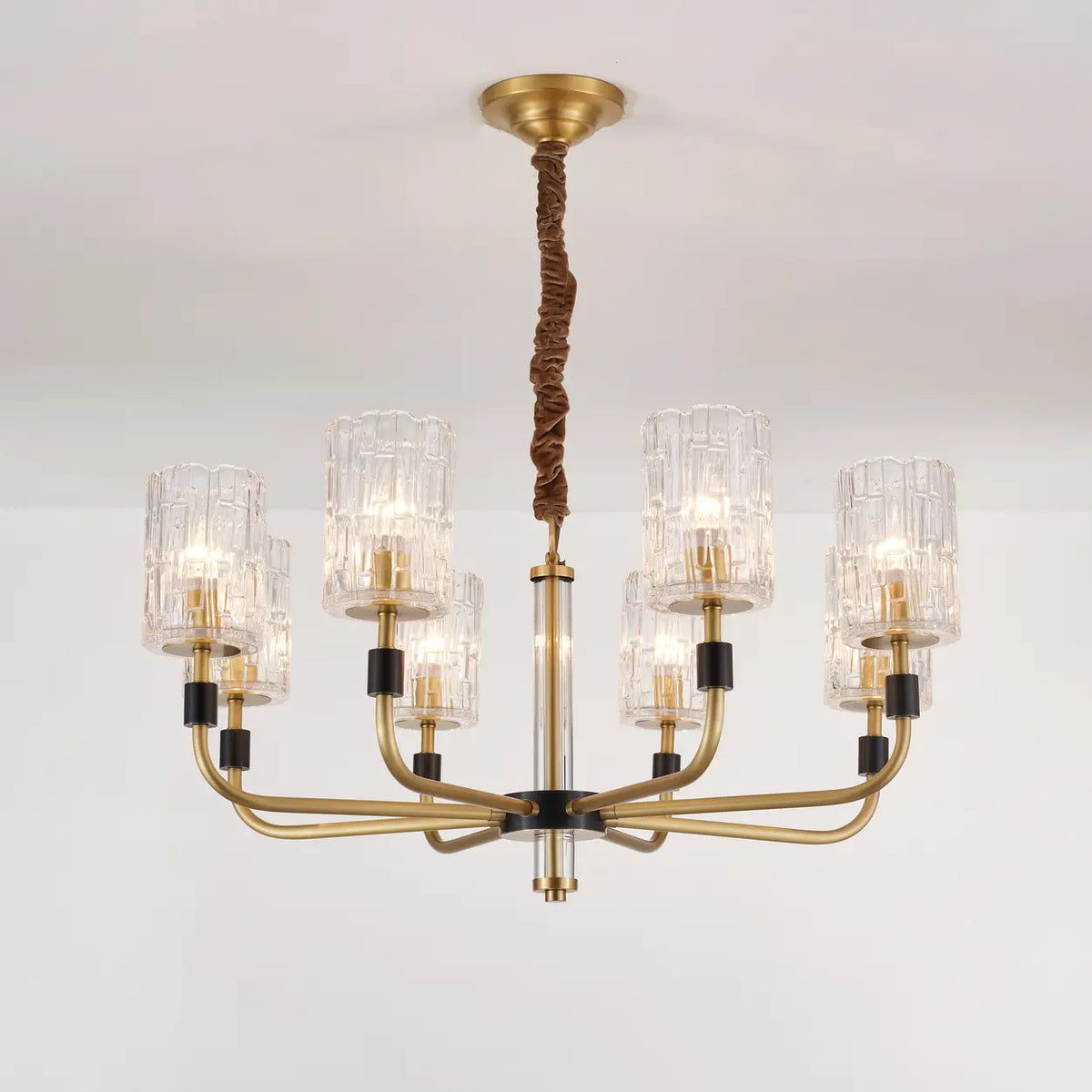Modern Textured Glass Cylinder Shade Brass Branch Chandelier